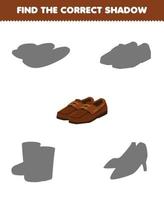 juego educativo para niños encuentra el juego de sombras correcto de zapatos de ropa de dibujos animados vector