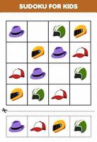 juego educativo para niños sudoku para niños con dibujos animados ropa usable sombrero fedora imagen de gorra de timón vector