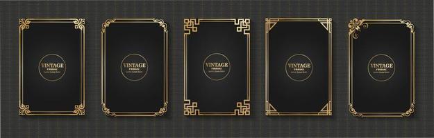 rectangular gold frame decoration set vintage calligraphy border frame luxury elegant black background design vector