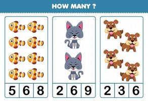 Education game for children counting how many cute cartoon pet animal fish cat dog vector