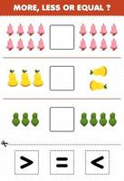 Education game for children more less or equal count the amount of cartoon fruits cashew pear papaya then cut and glue cut the correct sign vector