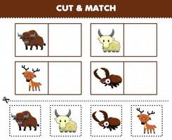 Education game for children cut and match the same picture of cute cartoon horn animal bison goat deer beetle printable worksheet vector