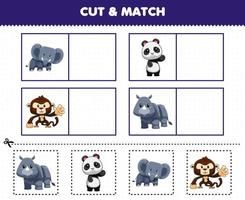 Education game for children cut and match the same picture of cute cartoon jungle animal elephant panda monkey rhino printable worksheet vector