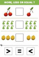 Education game for children more less or equal count the amount of cartoon fruits cherry guava durian then cut and glue cut the correct sign vector