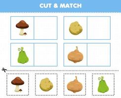 Education game for children cut and match the same picture of cartoon vegetables mushroom potato chayote jicama printable worksheet vector