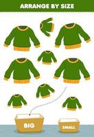 Education game for children arrange by size big or small put it in the box cartoon wearable clothes green sweater pictures vector