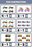 juego educativo para niños diversión resta contando y eliminando imágenes de transporte de camiones de dibujos animados vector