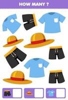 Education game for children searching and counting how many objects cartoon wearable clothes t shirt hat pant vector