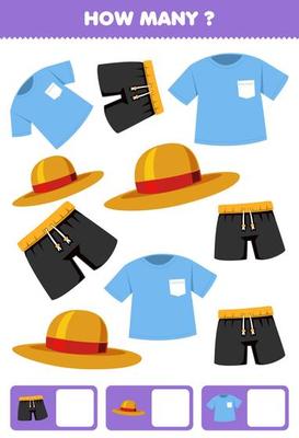 Education game for children searching and counting how many objects cartoon wearable clothes t shirt hat pant