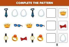 Education game for children complete the pattern logical thinking find the regularity and continue the row task with cartoon wearable tie necklace crown glasses watch ring ribbon vector