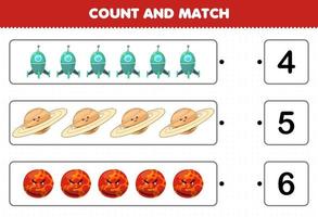 Education game for children count and match count the number of cute cartoon solar system rocket saturn mars planet and match with the right numbers printable worksheet vector