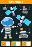Education game for children searching and counting how many objects cute cartoon solar system satellite astronaut robot vector