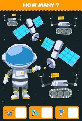 Education game for children searching and counting how many objects cute cartoon solar system satellite astronaut robot