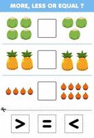 Education game for children more less or equal count the amount of cartoon fruits coconut pineapple dragon fruit then cut and glue cut the correct sign