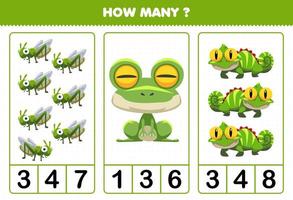 juego educativo para niños contando cuántos dibujos animados lindo animal verde saltamontes rana iguana vector