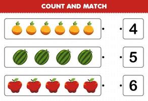 juego educativo para niños contar y combinar contar el número de frutas de dibujos animados naranja sandía manzana y combinar con los números correctos hoja de trabajo imprimible vector