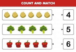 juego educativo para niños cuente y combine cuente el número de vegetales de dibujos animados papa brócoli pimentón y combine con los números correctos hoja de trabajo imprimible vector