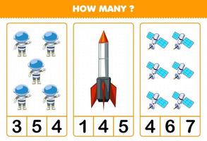 Education game for children counting how many cute cartoon solar system astronaut rocket satellite vector