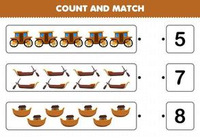 Education game for children count and match count the number of cartoon wooden transportation carriage gondola ark and match with the right numbers printable worksheet vector