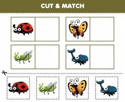 Education game for children cut and match the same picture of cute cartoon insect animal ladybug butterfly grasshopper beetle printable worksheet vector