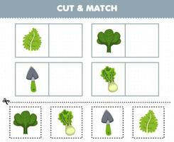 Education game for children cut and match the same picture of cartoon vegetables kale spinach shovel lettuce printable worksheet vector