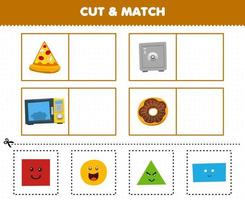 Education game for children cut and match the same picture of cute cartoon shape triangle pizza square safe box rectangle microwave circle donut vector