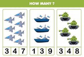 Education game for children counting how many cartoon military transportation jet fighter battleship tank