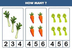 Education game for children counting how many cartoon vegetables leek carrot asparagus vector