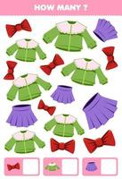 Education game for children searching and counting how many objects cartoon wearable clothes blouse ribbon skirt vector