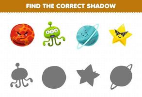 Education game for children find the correct shadow set of cute cartoon solar system mars planet alien uranus star vector