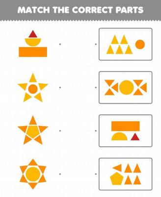 Education game for children match the correct parts geometric shapes 2 circle square triangle rectangle pentagon printable worksheet