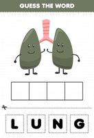 juego educativo para niños adivina la palabra letras practicando dibujos animados lindo órgano interno pulmón vector