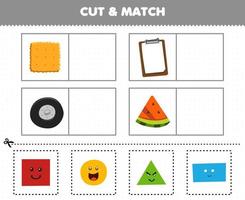 Education game for children cut and match the same picture of cute cartoon shape square biscuit rectangle paper board circle tire triangle watermelon vector