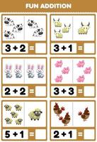Education game for children fun addition by counting and sum cute cartoon farm animal cow goat rabbit pig sheep chicken pictures worksheet