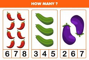 Education game for children counting how many cartoon vegetables chilli cucumber eggplant
