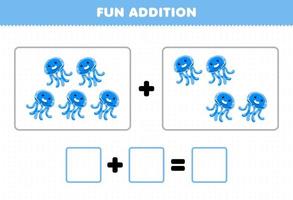 Education game for children fun addition by counting cute cartoon animal jellyfish pictures worksheet vector