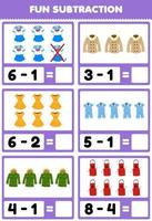 Education game for children fun subtraction by counting and eliminating cartoon wearable clothes uniform coat dress pajama jacket apron printable worksheet vector