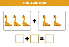 Education game for children fun addition by counting cute cartoon prehistoric dinosaur brontosaurus pictures worksheet vector