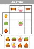 Education game for children logic table cartoon fruit mango coconut dragon fruit match with correct basket printable worksheet vector