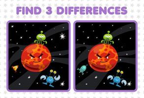 Education game for children find three differences between two cute cartoon solar system mars planet rocket alien
