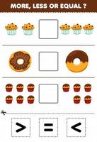 juego educativo para niños más menos o igual contar la cantidad de comida de dibujos animados muffin donut cupcake luego cortar y pegar cortar el signo correcto vector