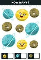 Education game for children searching and counting how many objects cute cartoon solar system planet uranus venus mercury vector