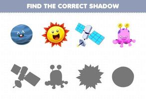 Education game for children find the correct shadow set of cute cartoon solar system neptune planet sun satellite alien vector