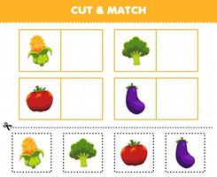 juego educativo para niños corta y combina la misma imagen de dibujos animados verduras maíz brócoli tomate berenjena hoja de trabajo imprimible vector