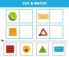 Education game for children cut and match the same picture of cute cartoon shape circle tennis ball rectangle envelope square waffle triangle emergency sign vector