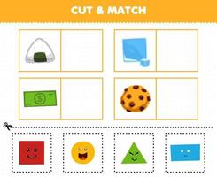 Education game for children cut and match the same picture of cute cartoon shape triangle onigiri square ice cube rectangle paper money circle cookie vector