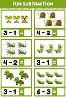 Education game for children fun subtraction by counting and eliminating cute cartoon green animal pictures vector