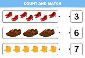 Education game for children count and match count the number of cartoon wearable footwear heels shoes boots and match with the right numbers printable worksheet vector