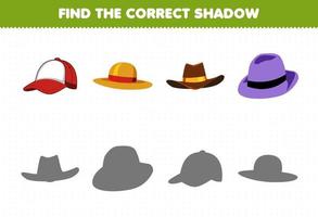 Education game for children find the correct shadow set of cartoon wearable clothes hat cap cowboy fedora vector