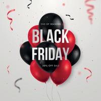 Black Friday sale banner with shiny balloons and serpentine. vector